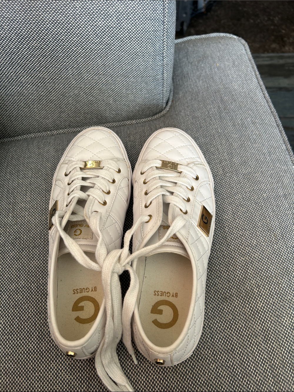 G by Guess White Quilted Low-Top Sneakers with Gold Accents